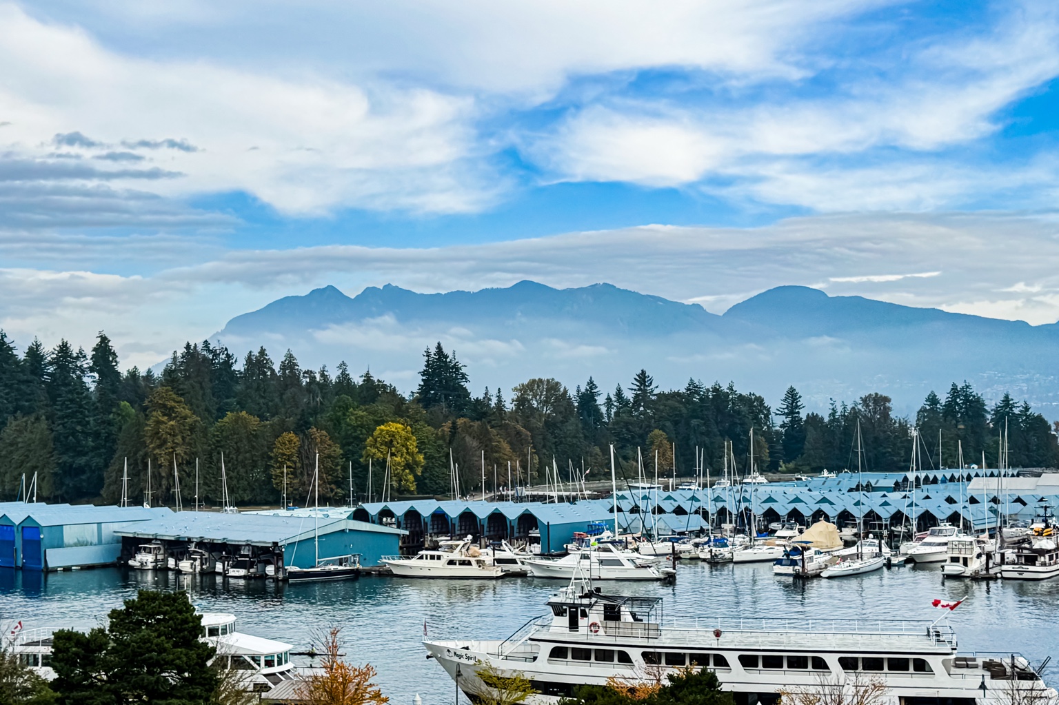 Boats and blue-roofed marina buildings beneath forested hills and cloud-wrapped mountains
