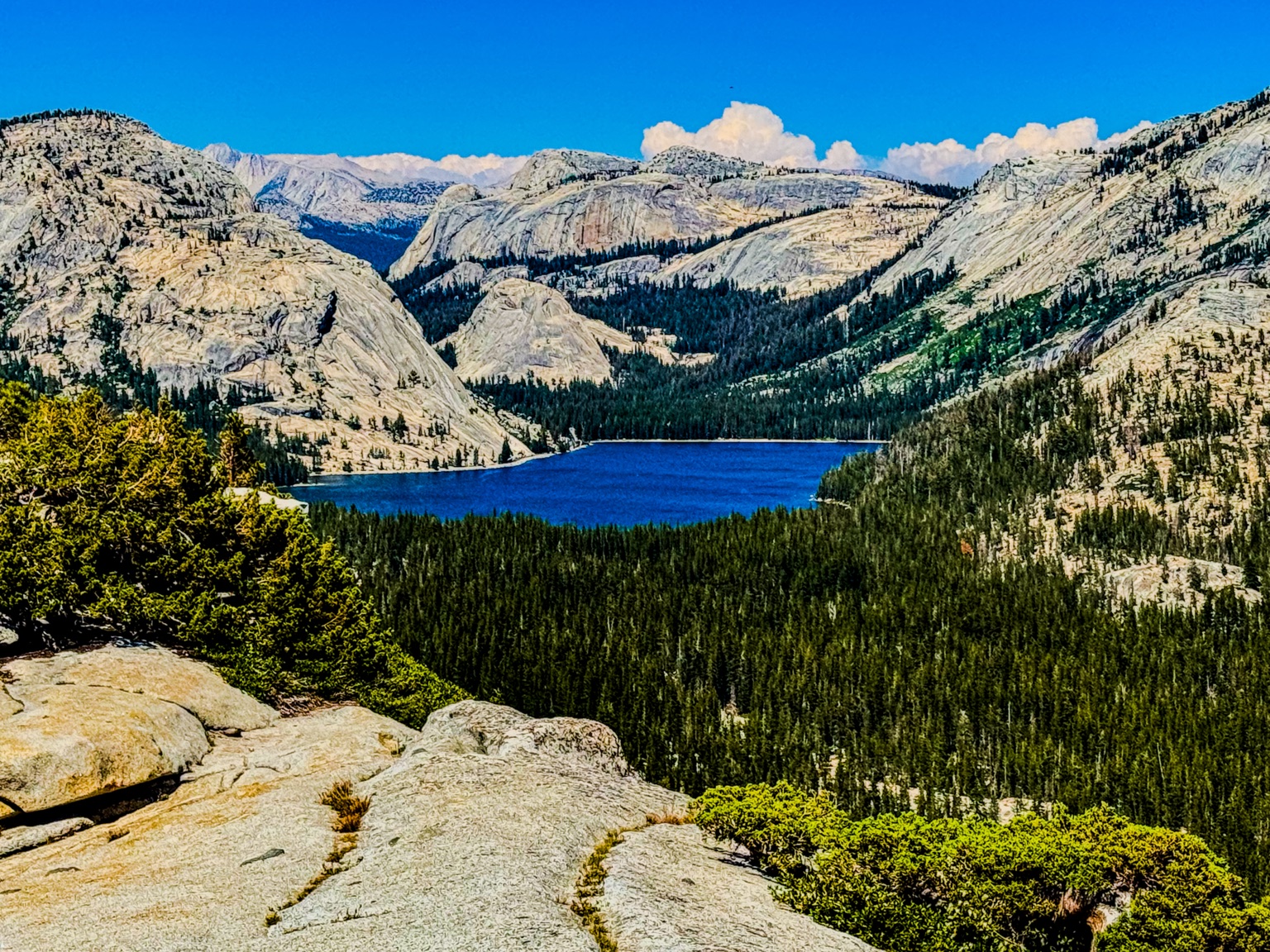 Deep blue mountain lake surrounded by granite peaks and pine forest